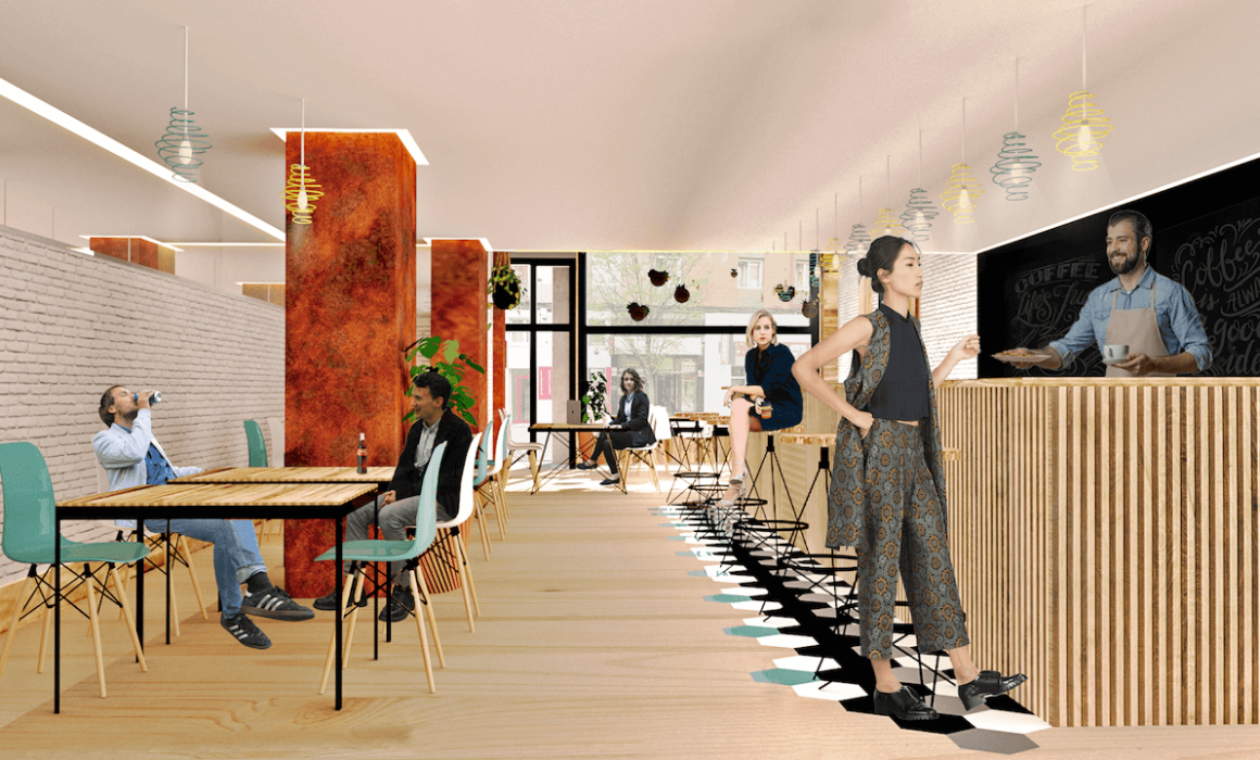 Adecuación de local para cafetería en Gijón proyecto del estudio de arquitectura Dolmen Arquitectos escena