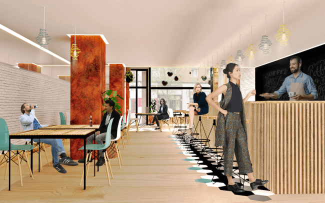 Adecuación de local para cafetería en Gijón proyecto del estudio de arquitectura Dolmen Arquitectos escena