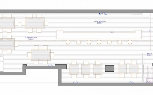 Adecuación de local para cafetería en Gijón proyecto del estudio de arquitectura Dolmen Arquitectos planta reformada