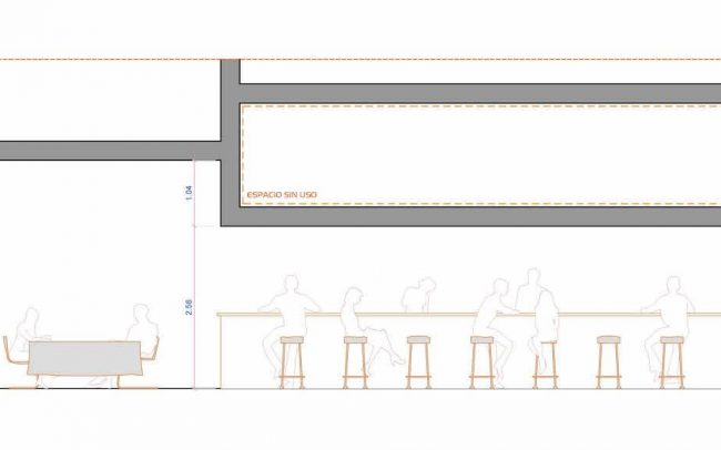 Adecuación de local para cafetería en Gijón proyecto del estudio de arquitectura Dolmen Arquitectos sección reformado