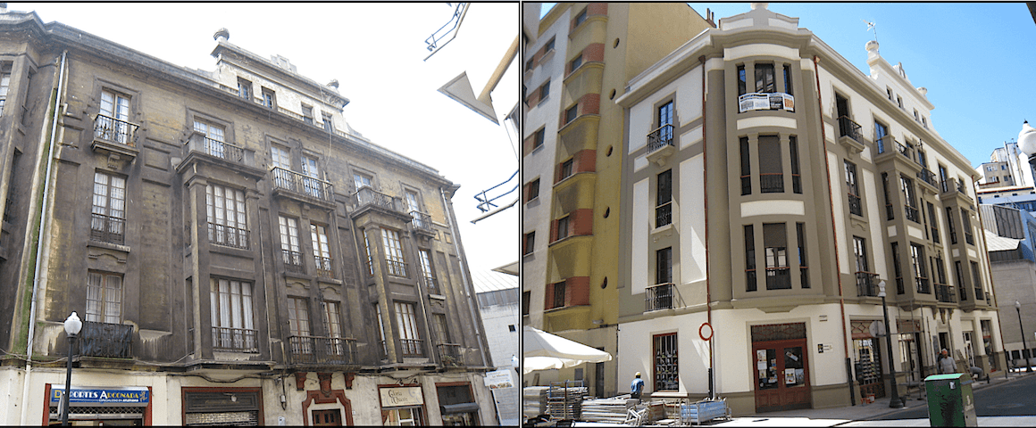 Antes y despues de la limpieza de la fachada calle Instituto gijon