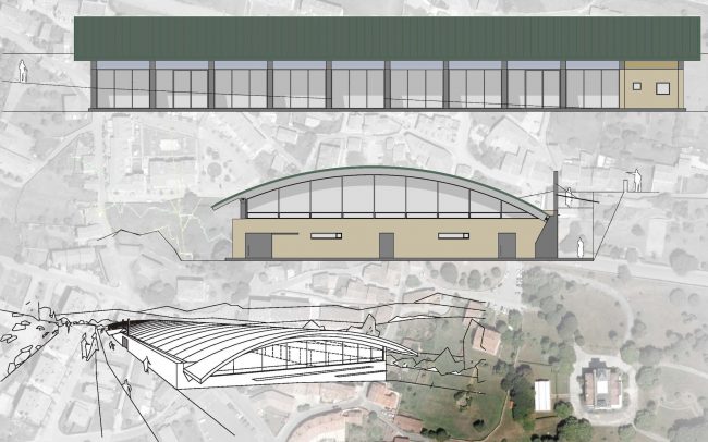 Pabellón polideportivo de Colombres Ribadedeva Asturias proyecto de Dolmen Arquitectos de Gijón panel