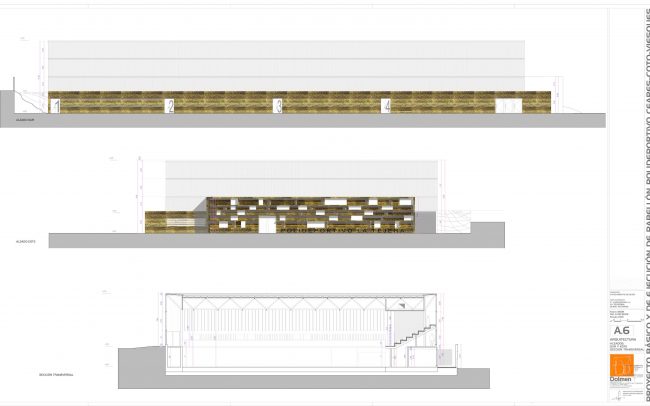 Plano de alzados y sección 2 del polideportivo de Ceares Gijón obra de Dolmen Arquitectos