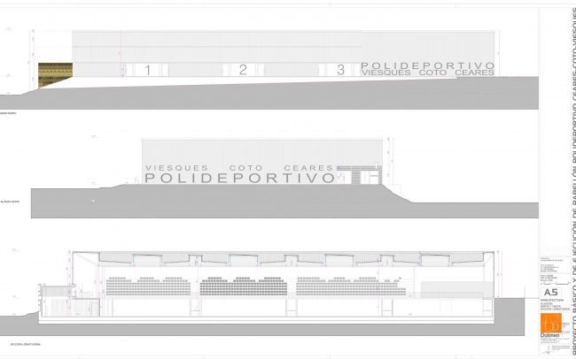 Plano de alzados y sección del polideportivo de Ceares Gijón obra de Dolmen Arquitectos