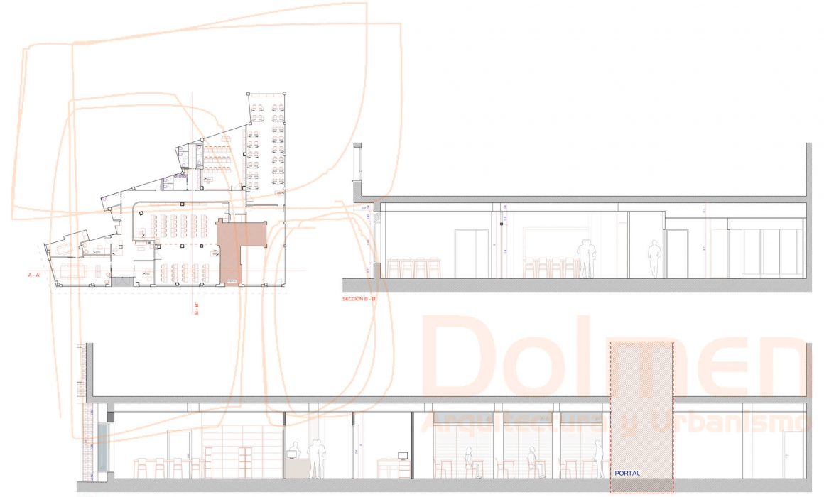 Reforma local Asturias centro de formación en Gijón proyecto de Dolmen Arquitectos planta estado reformado secciones