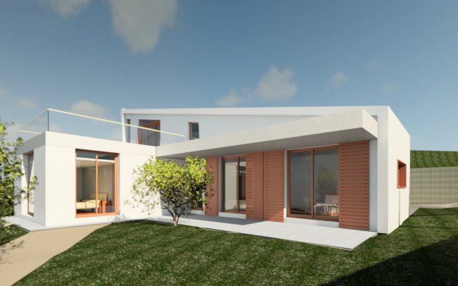 Vivienda unifamiliar aislada en Langreo vista desde camino peatonal diseño de Dolmen Arquitectos