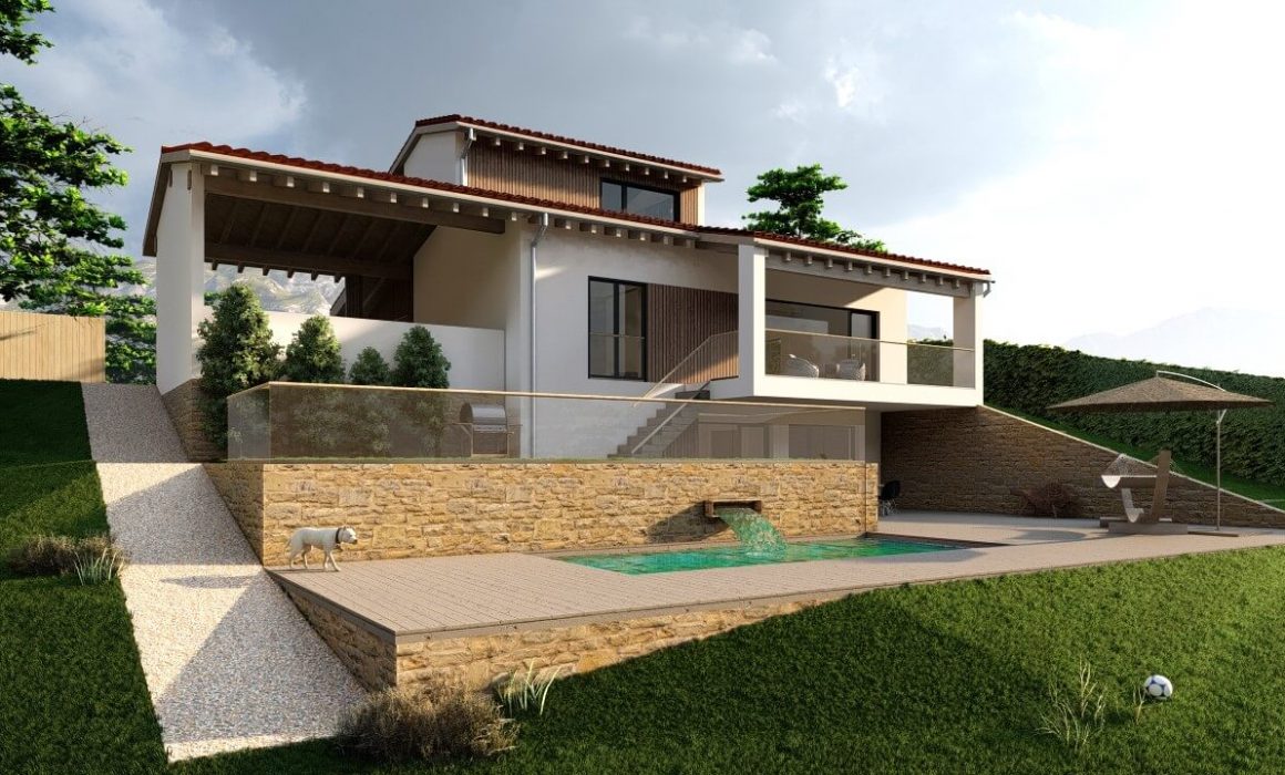 Vivienda unifamiliar en terreno con pendiente, Asturias, proyecto de Dolmen Arquitectos.