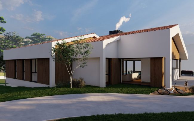 Vista trasera vivienda unifamiliar aislada acristalara.