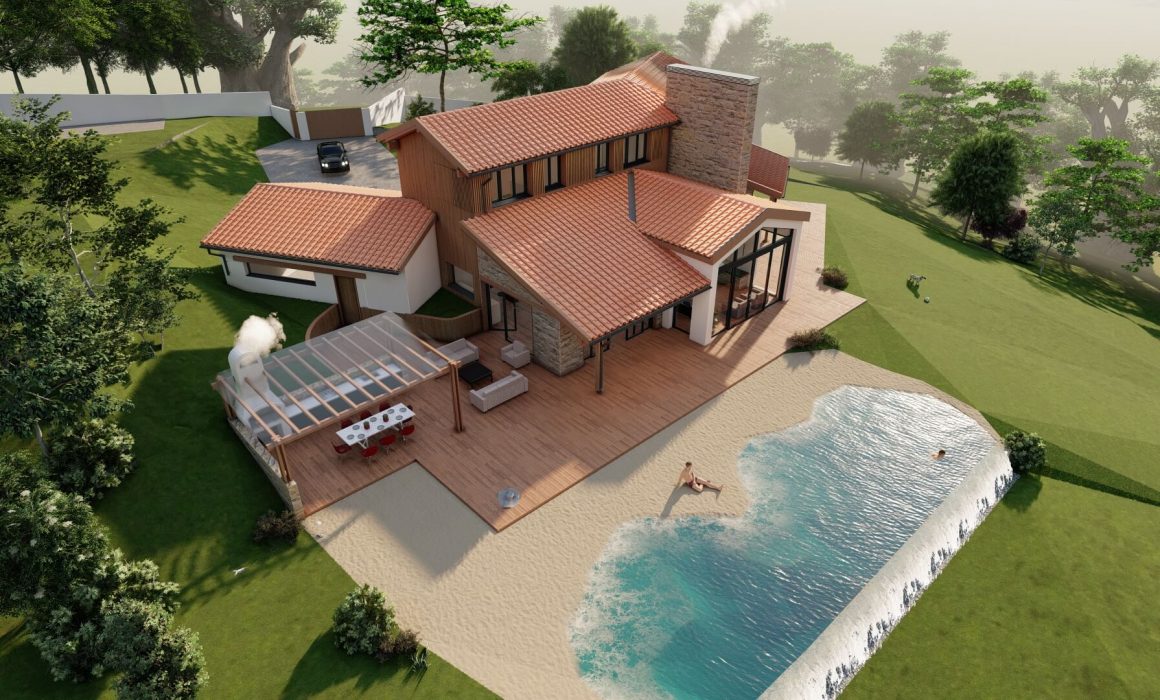 Vista aérea vivienda unifamiliar en Nava, Asturias, con piscina, comedor exterior con vistas al monte y barbacoa.