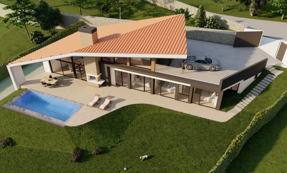 Casa unifamiliar con piscina, jardín y vistas panorámicas en Cabueñes, Gijón. Proyecto de Dolmen Arquitectos.