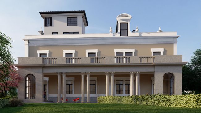 Columnata y balcones del palacete historico de Vista Alegre. Reforma por Dolmen Arquitectos
