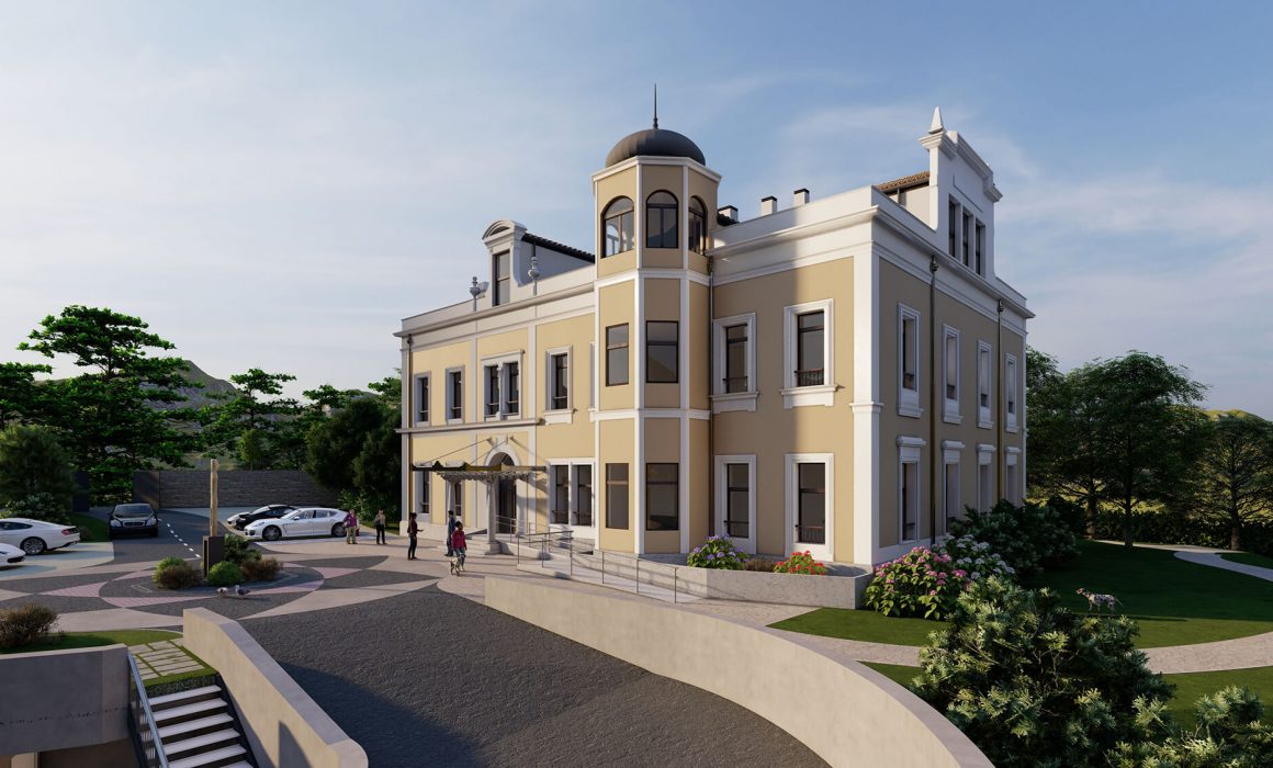 Fachada jardines y acceso al palacete Vista Alegre, por Dolmen Arquitectos