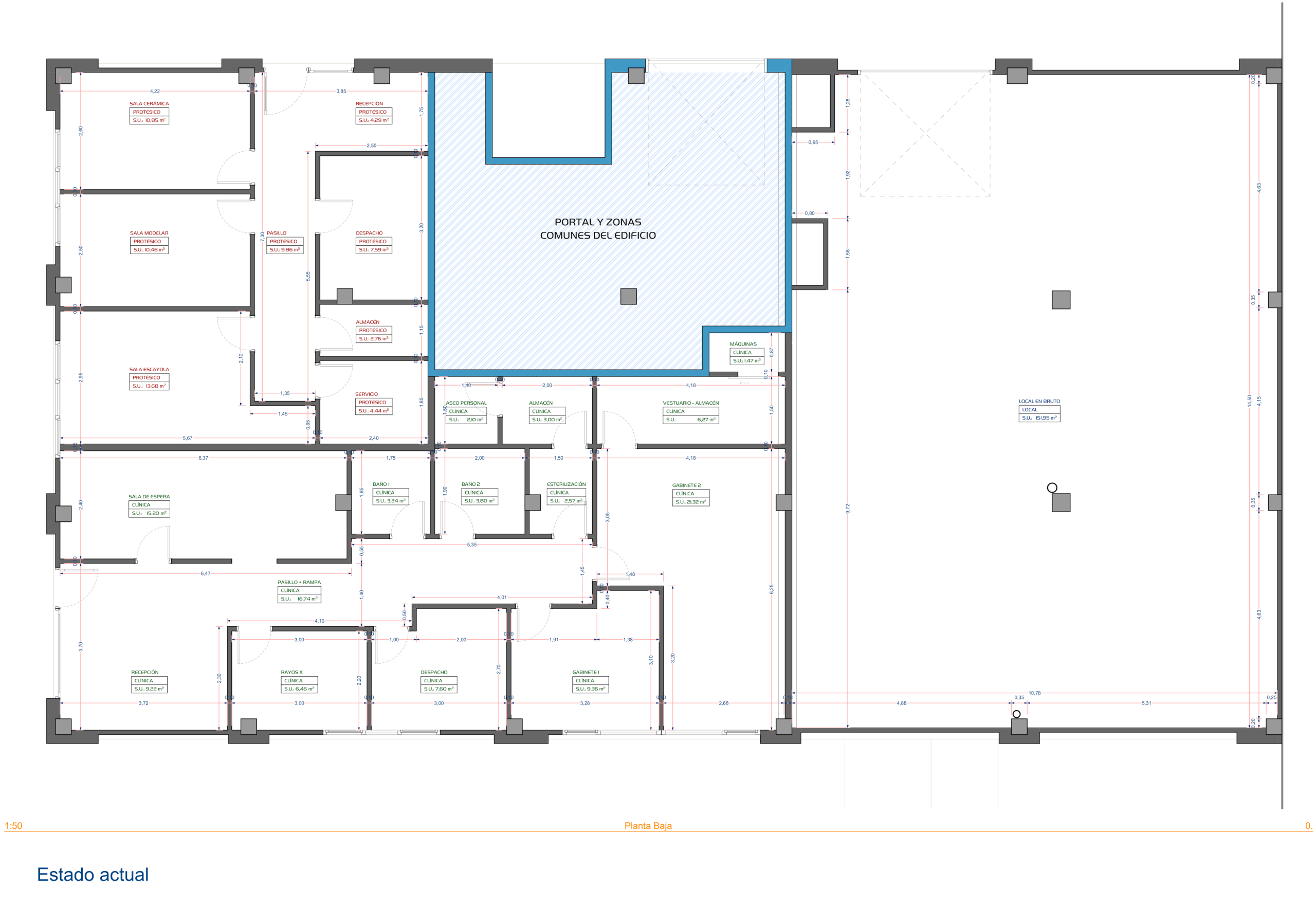 Plano del estado actual de los locales antes de la ampliación de la clínica dental en Oviedo