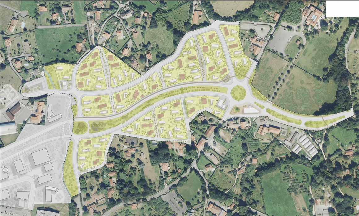 Vista satélite del plan parcial de Cabueñes, proyecto de Dolmen Arquitectos.