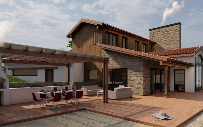 Zona de porche con comedor exterior y barbacoa en vivienda unifamiliar en Nava, Asturias _ Dolmen Arquitectos