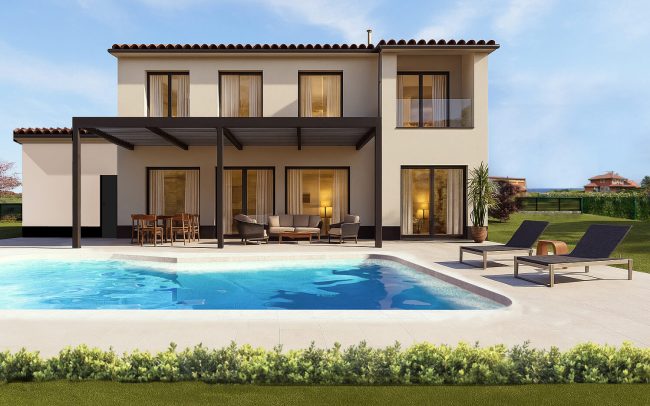 porche piscina vivienda unifamiliar aislada Asturias Dolmen Arquitectos