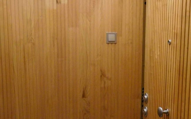 puerta entrada vivienda reformada madera iluminación Oviedo_byDolmen