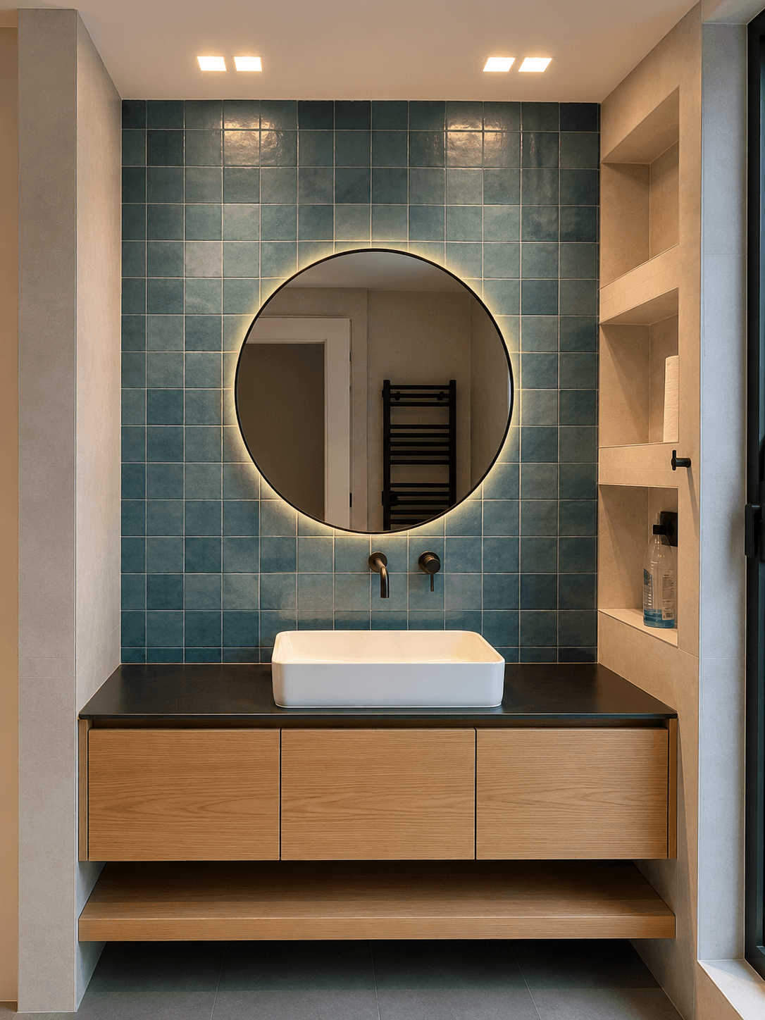 Baño con azulejos azules, lavabo sobre encimera y espejo circular retroiluminado en una vivienda reformada en Gijón