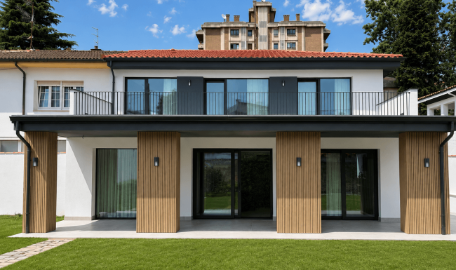 Vivienda unifamiliar rehabilitada en Gijón con jardín, terraza cubierta y nueva fachada de acabados claros y madera