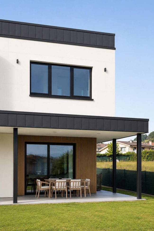 vivienda jardin porche exterior Dolmen Arquitectos Asturias