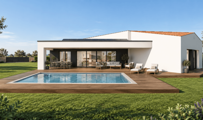 Visualización de la fachada al jardín de una vivienda unifamiliar con piscina en Gijón, porche cubierto y terraza de madera