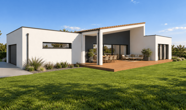 Visualización de vivienda unifamiliar de una planta en Gijón con cubierta inclinada, terraza de madera y porche abierto al jardín